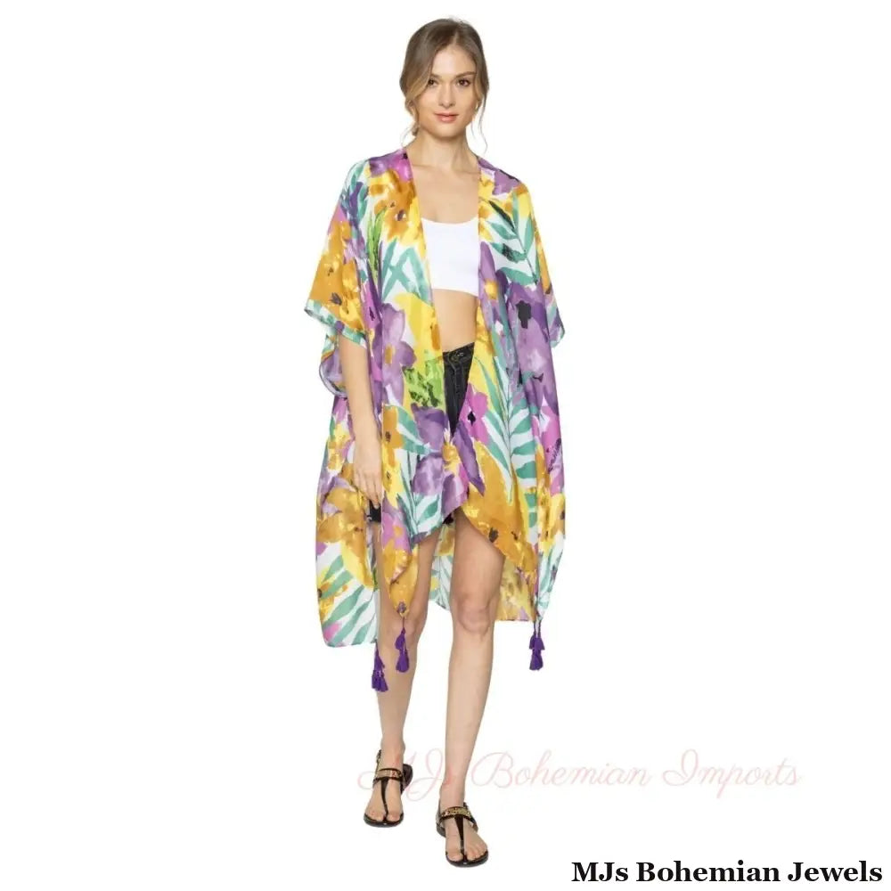 Purple Floral Watercolor Tassel Kimono