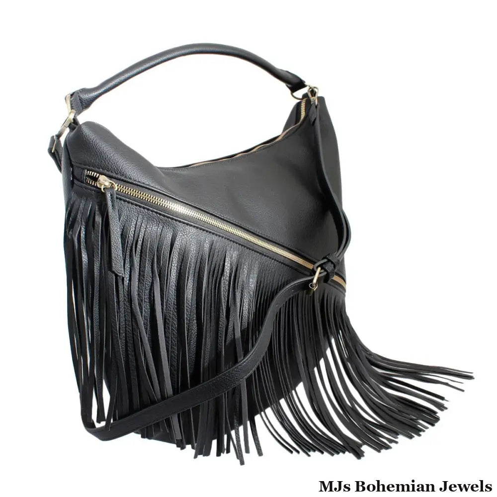 Purse Black Diagonal Fringe Hobo Bag for Women