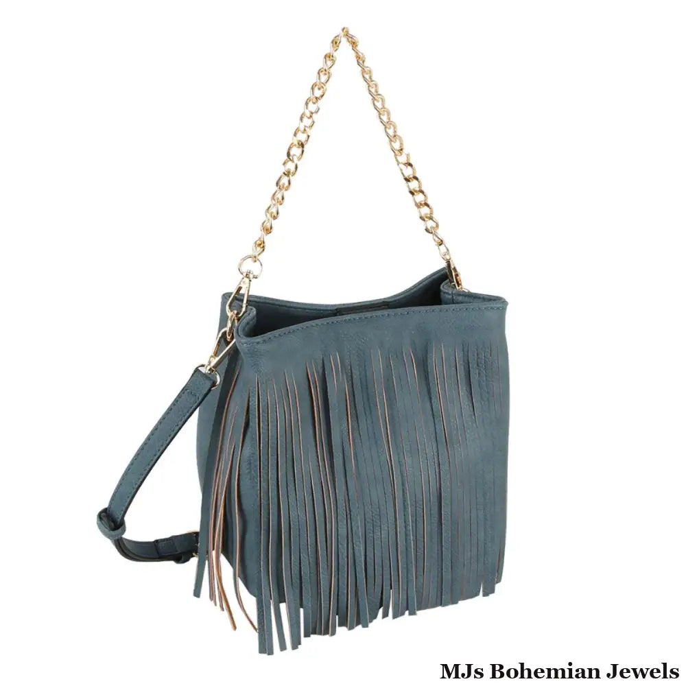 Purse Denim Blue Leather Fringe Bag for Women