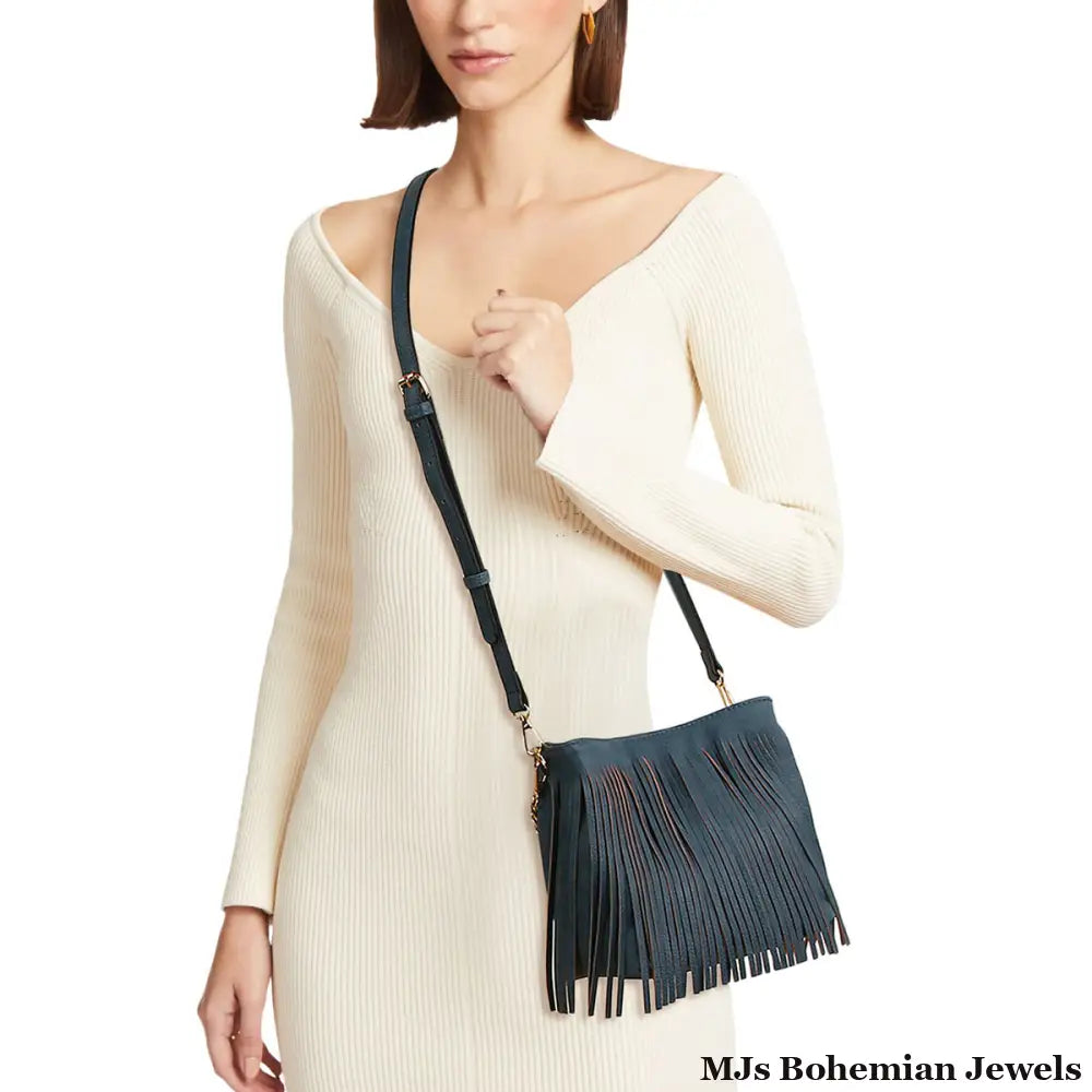 Purse Denim Blue Leather Fringe Bag for Women