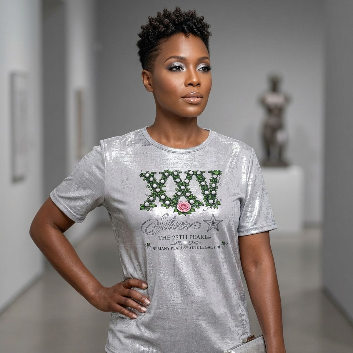 Large AKA Silver Soror 25th Pearl Metallic Tee