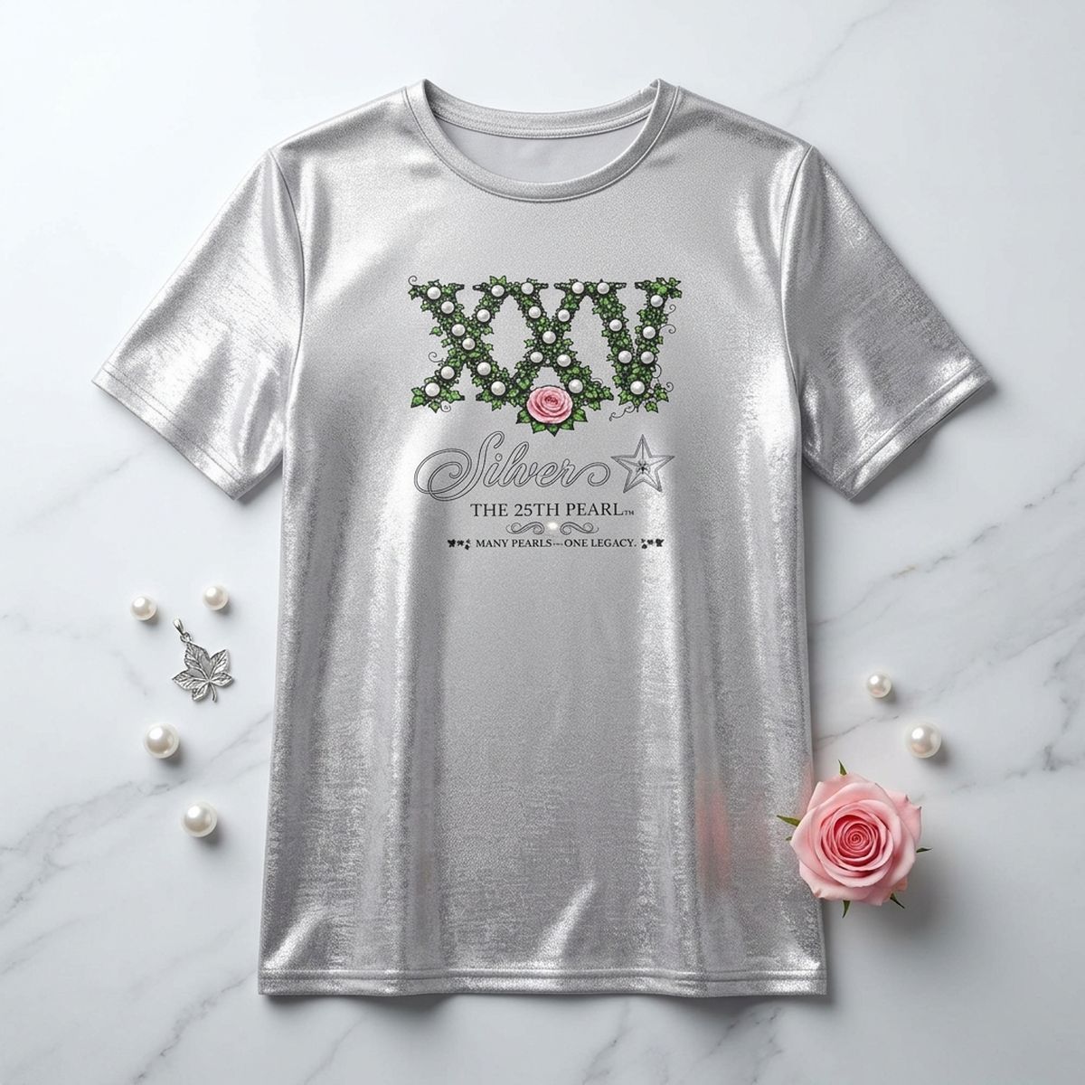 Large AKA Silver Soror 25th Pearl Metallic Tee