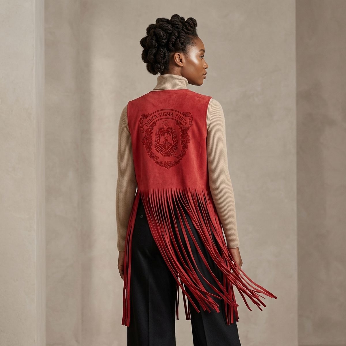 DST Crest Large Red Faux Suede Long Fringe Vest