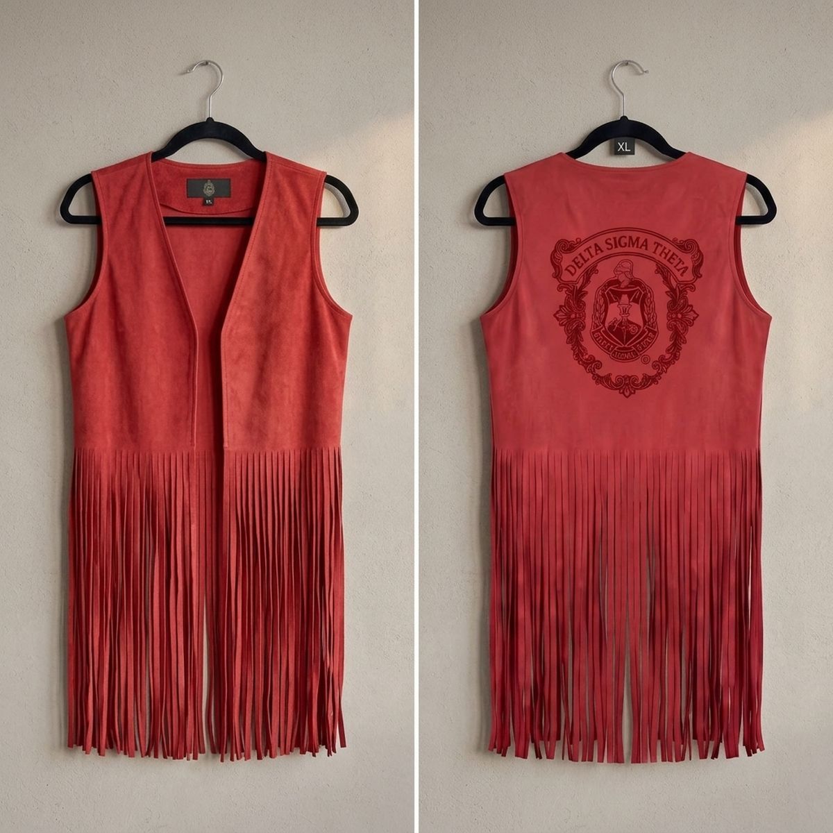 DST Crest X-Large Red Faux Suede Long Fringe Vest