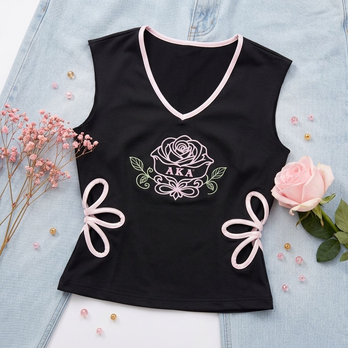AKA Large Black Flower Cut Out Sleeveless Top