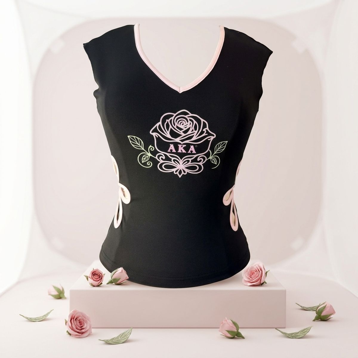 AKA Large Black Flower Cut Out Sleeveless Top