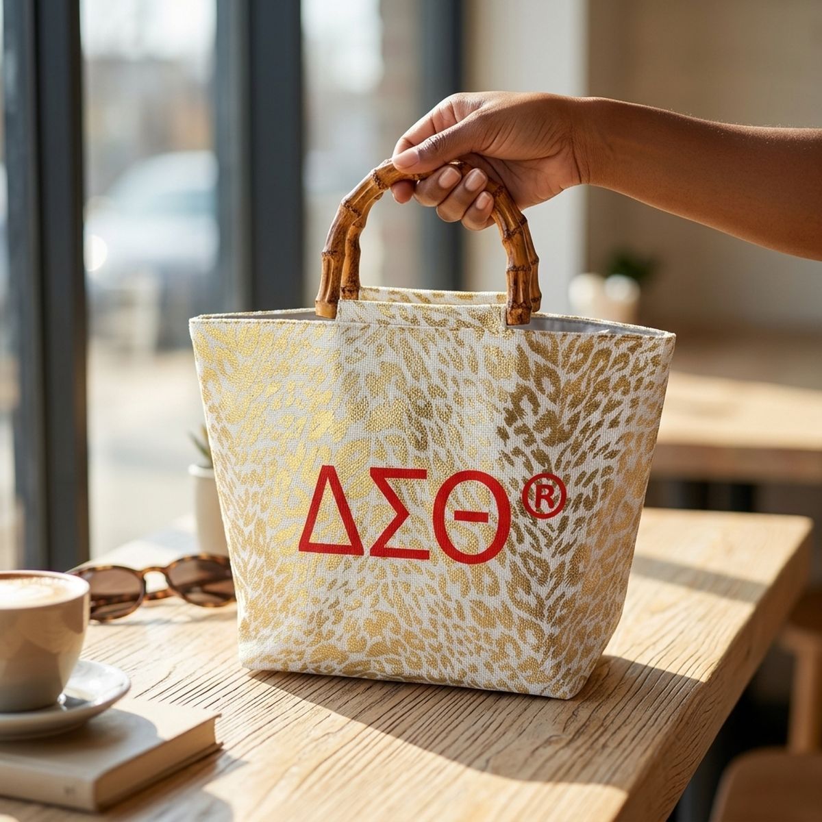 DST Gold Metallic Animal Print Bamboo Handle Tote