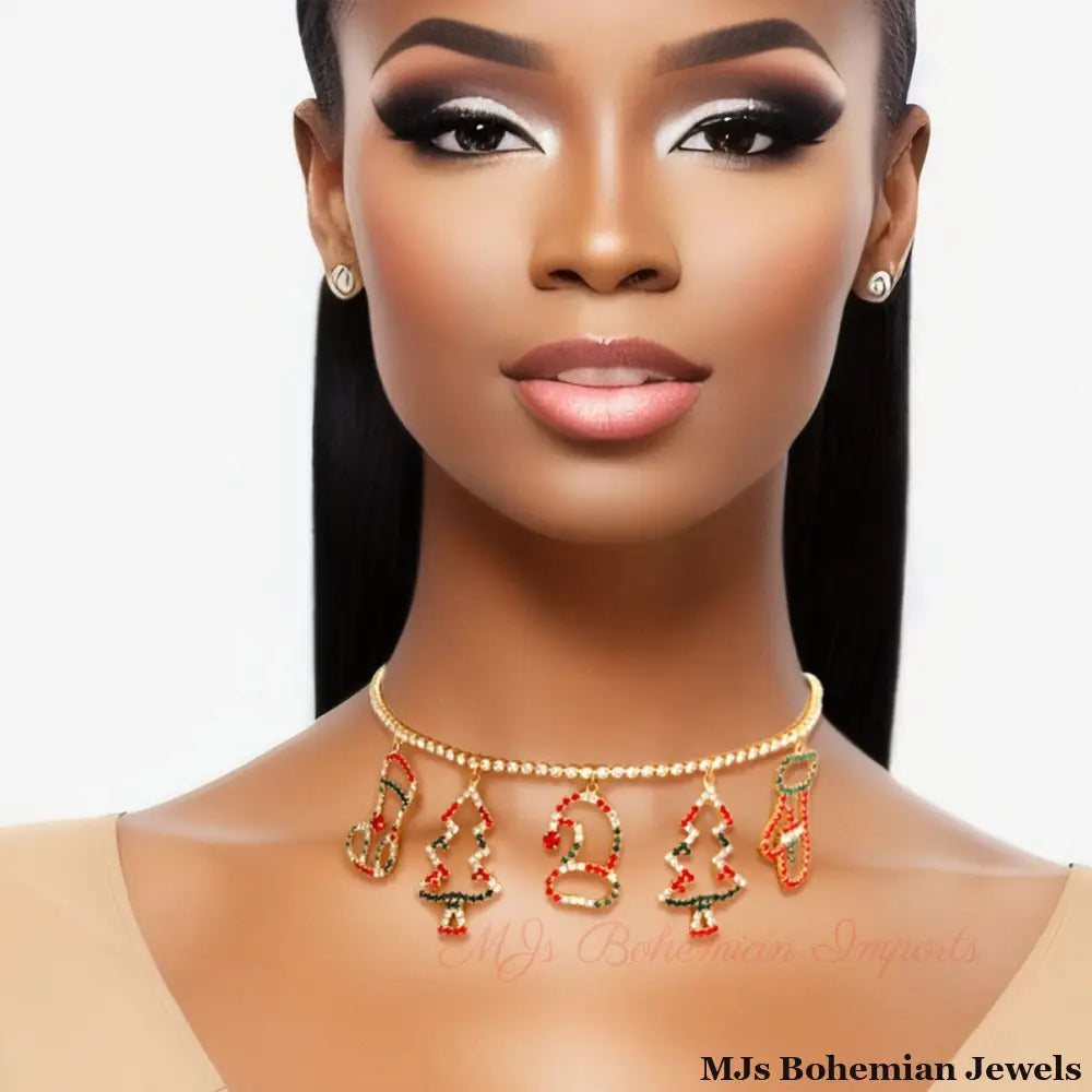 Radiant Rhinestone Cheer: Red and Green Xmas Charm Choker