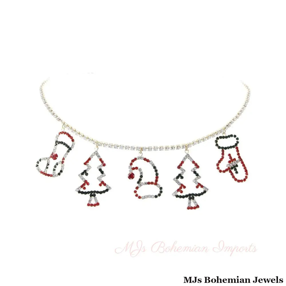 Radiant Rhinestone Cheer: Red and Green Xmas Charm Choker