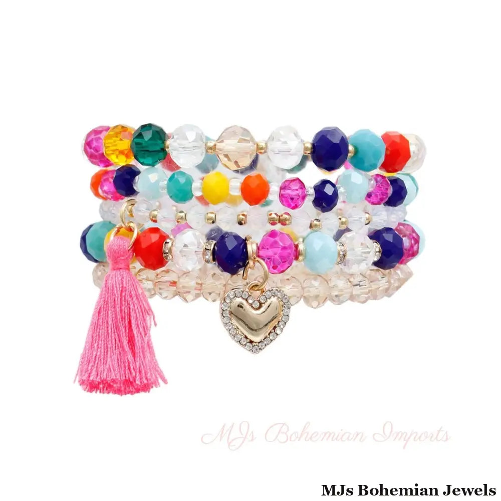 Rainbow 5 Pcs Heart Tassel Bracelets
