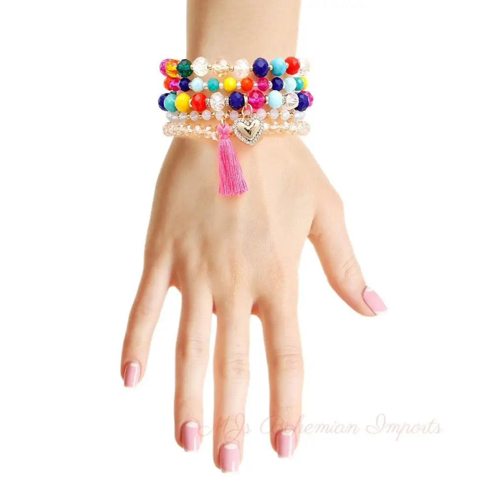 Rainbow 5 Pcs Heart Tassel Bracelets