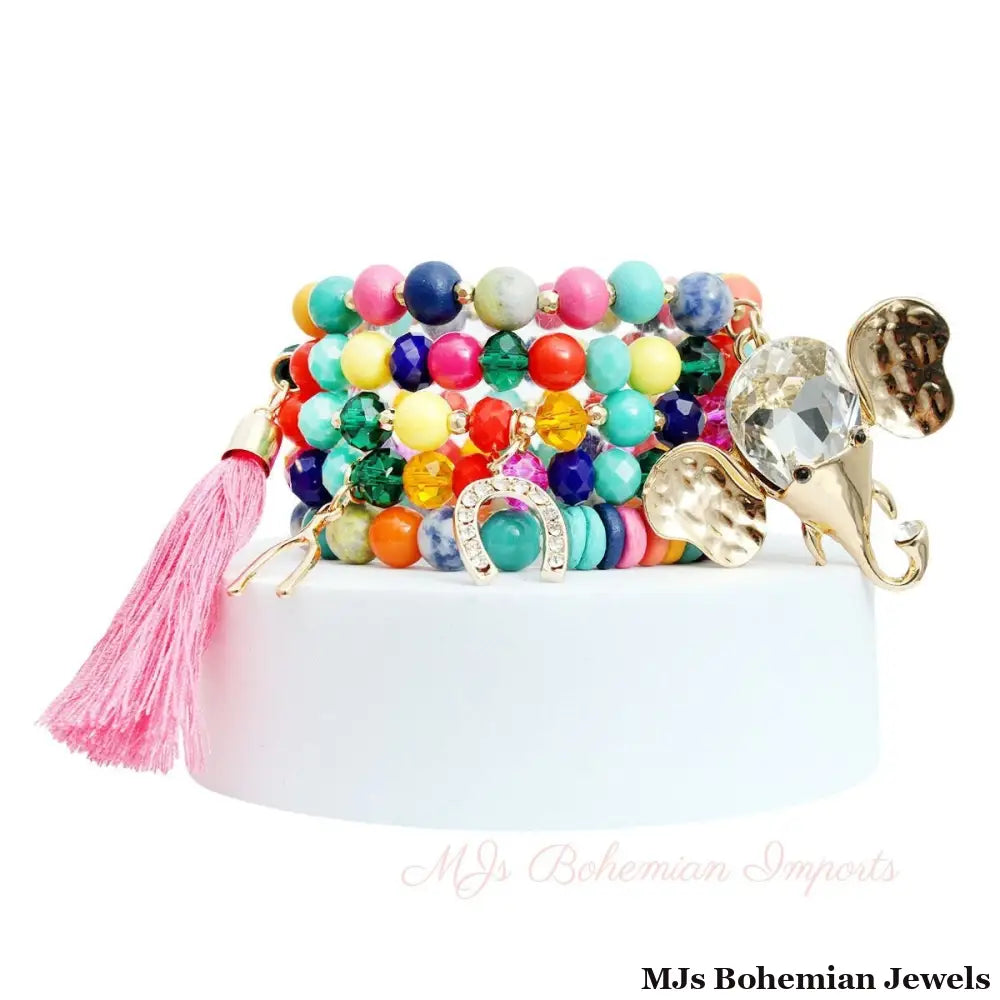 Rainbow Bead Elephant Charm Bracelets