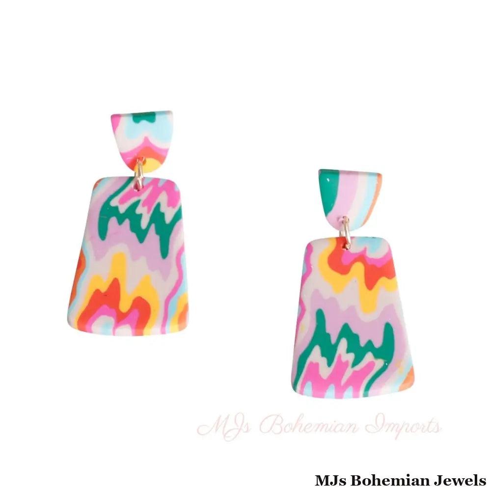Rainbow Marbled Clay Trapezoid Earrings