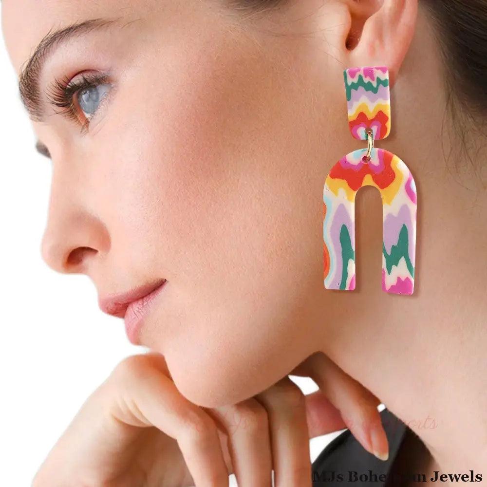 Rainbow Marbled Clay U Drop Earrings