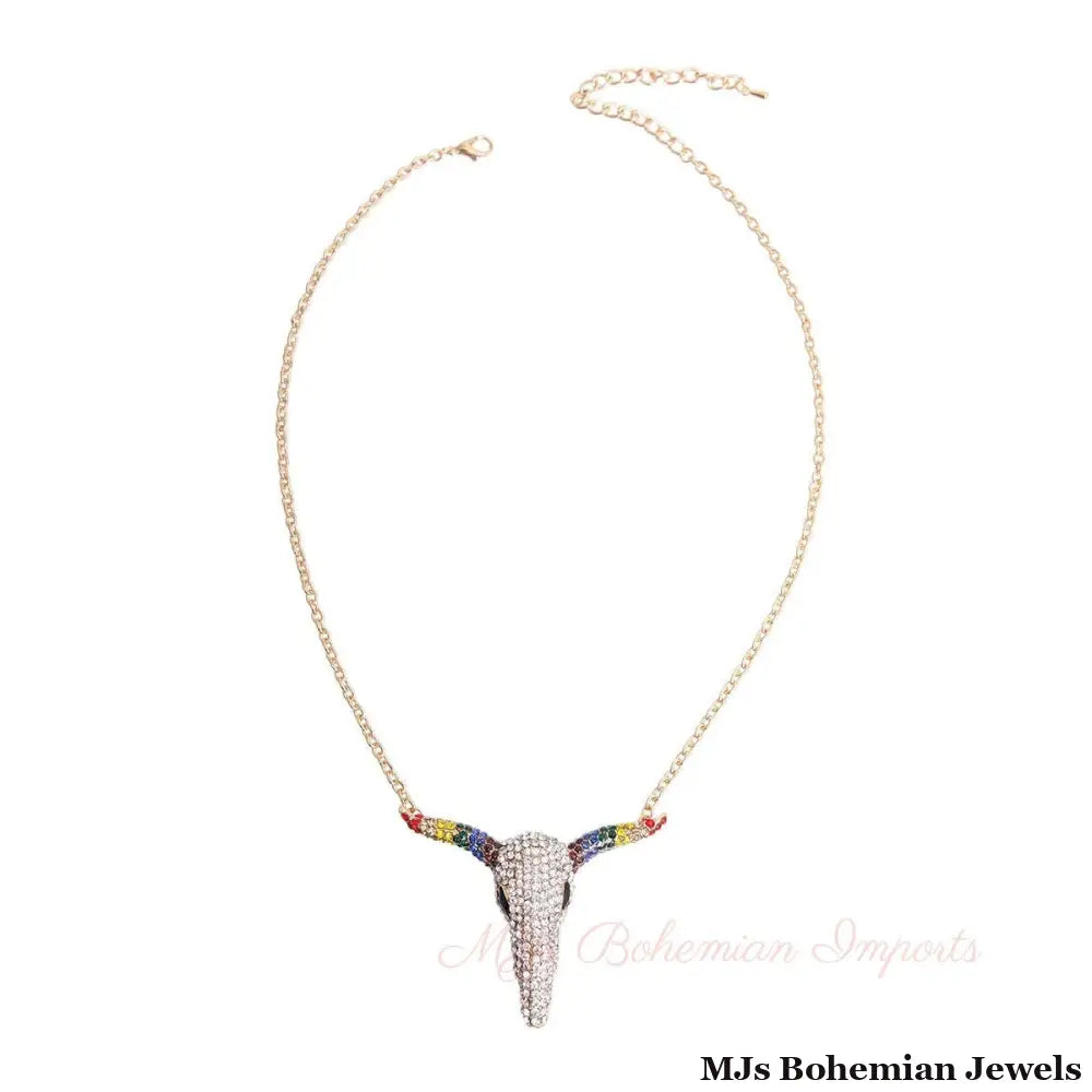 Rainbow Rhinestone Steer Necklace