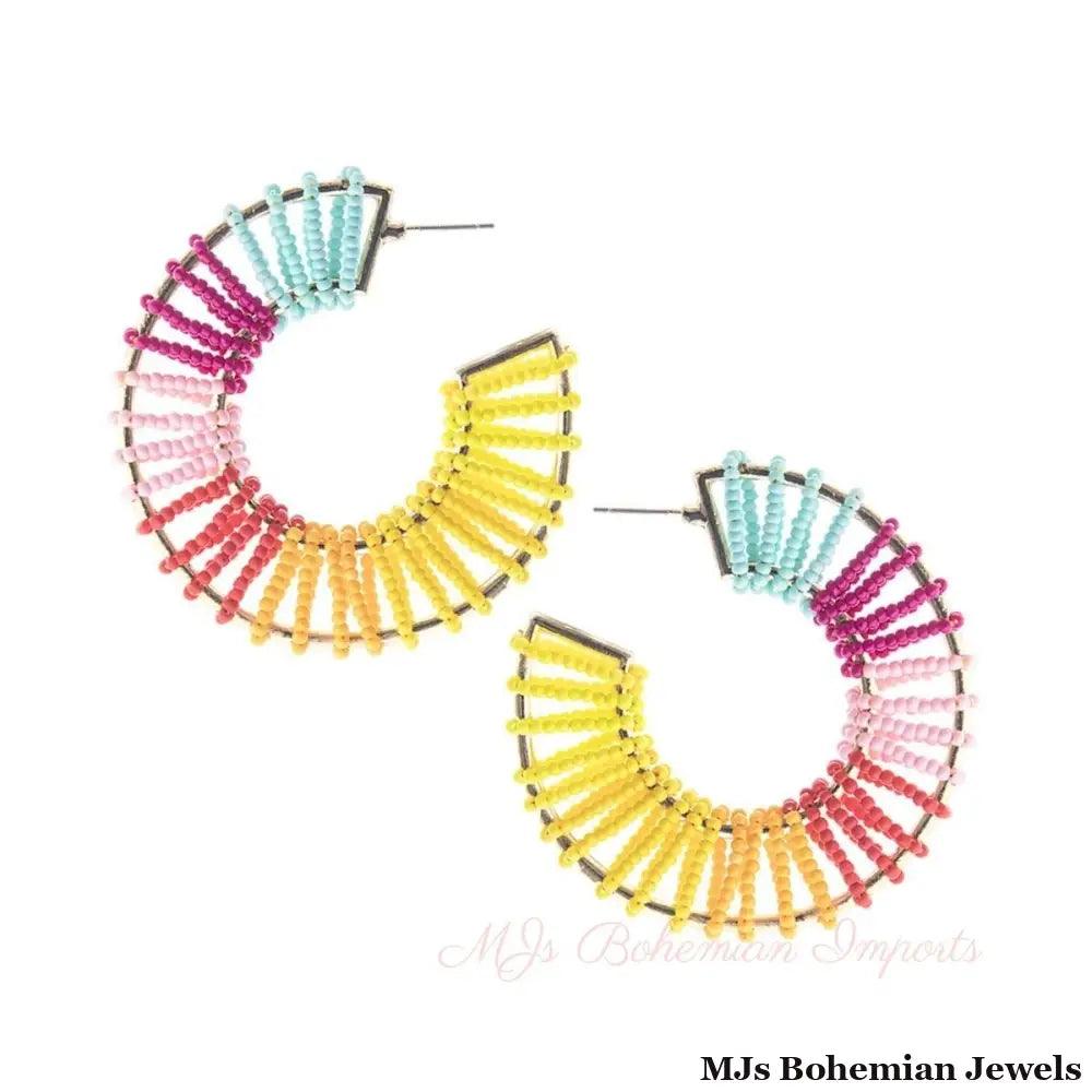 Rainbow Seed Bead Wide Hoops
