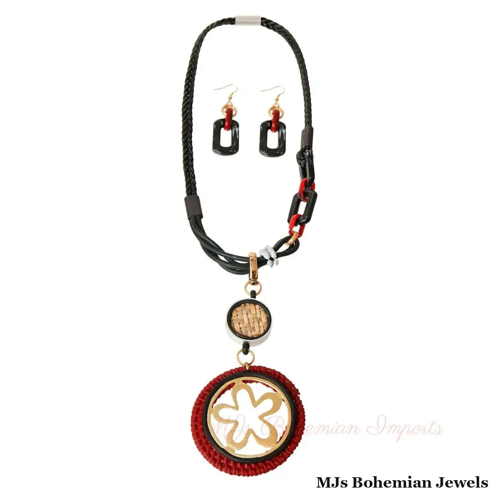Red and Black Leather Pendant Set
