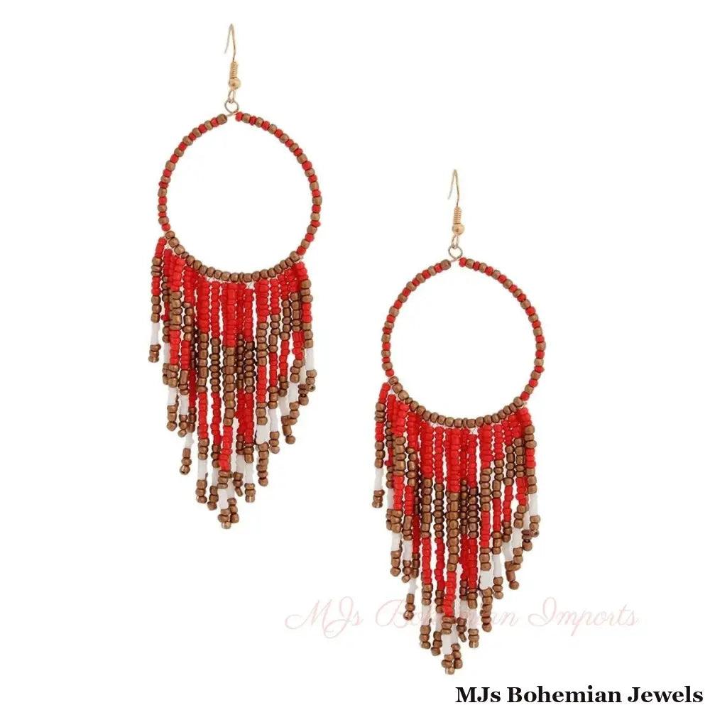 Red and Gold Bead Fringe Circle Earrings