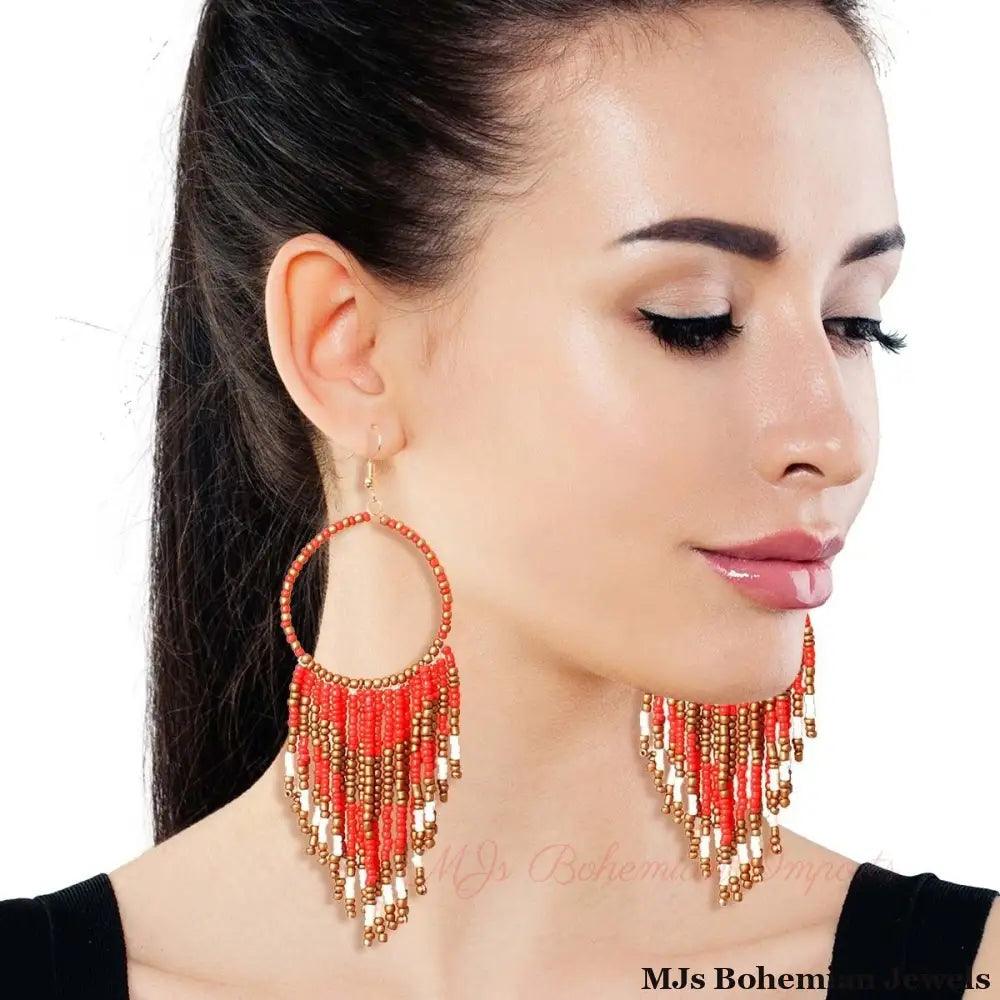 Red and Gold Bead Fringe Circle Earrings