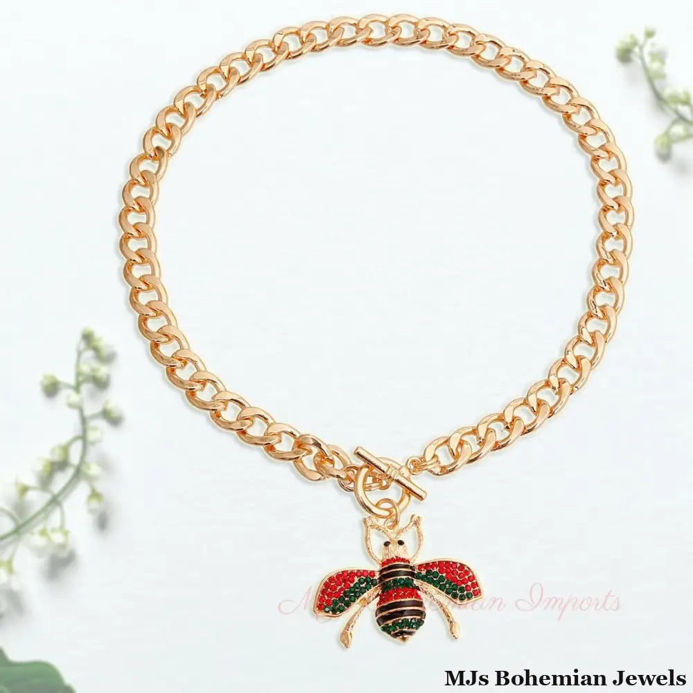 Red and Green Bee Toggle Necklace - 2 Inch Pendant