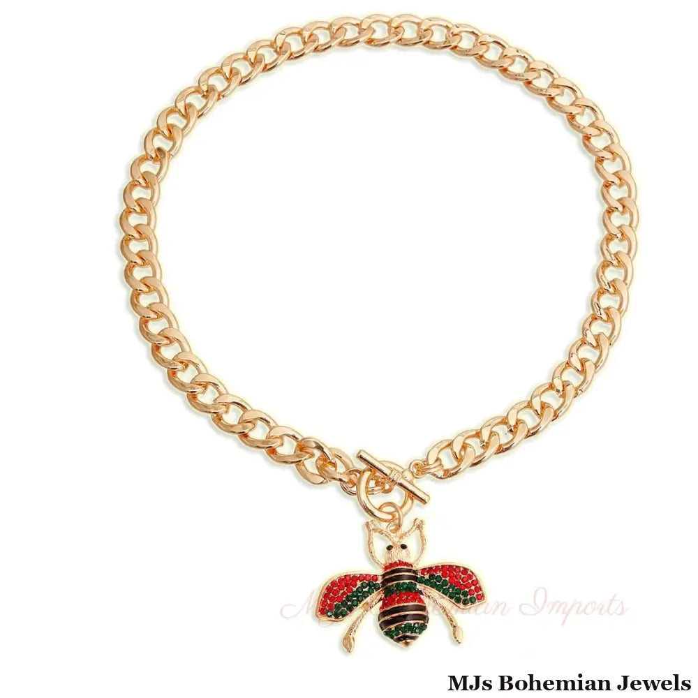 Red and Green Bee Toggle Necklace - 2 Inch Pendant