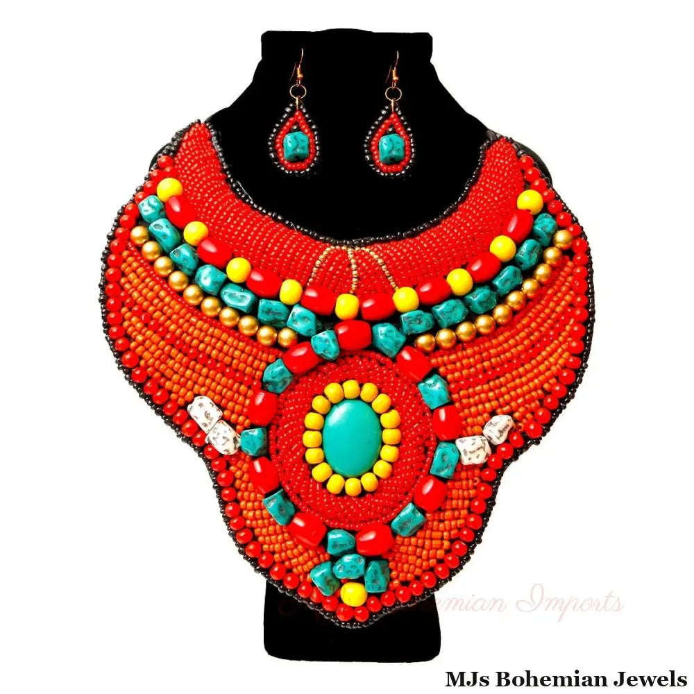 Red Bead Collar Bib Necklace