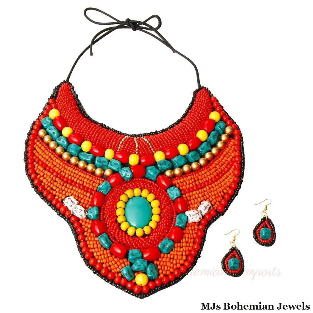 Red Bead Collar Bib Necklace