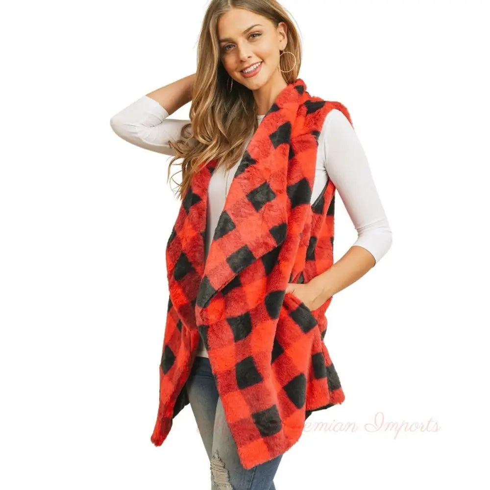 Red Buffalo Plaid Faux Fur Vest