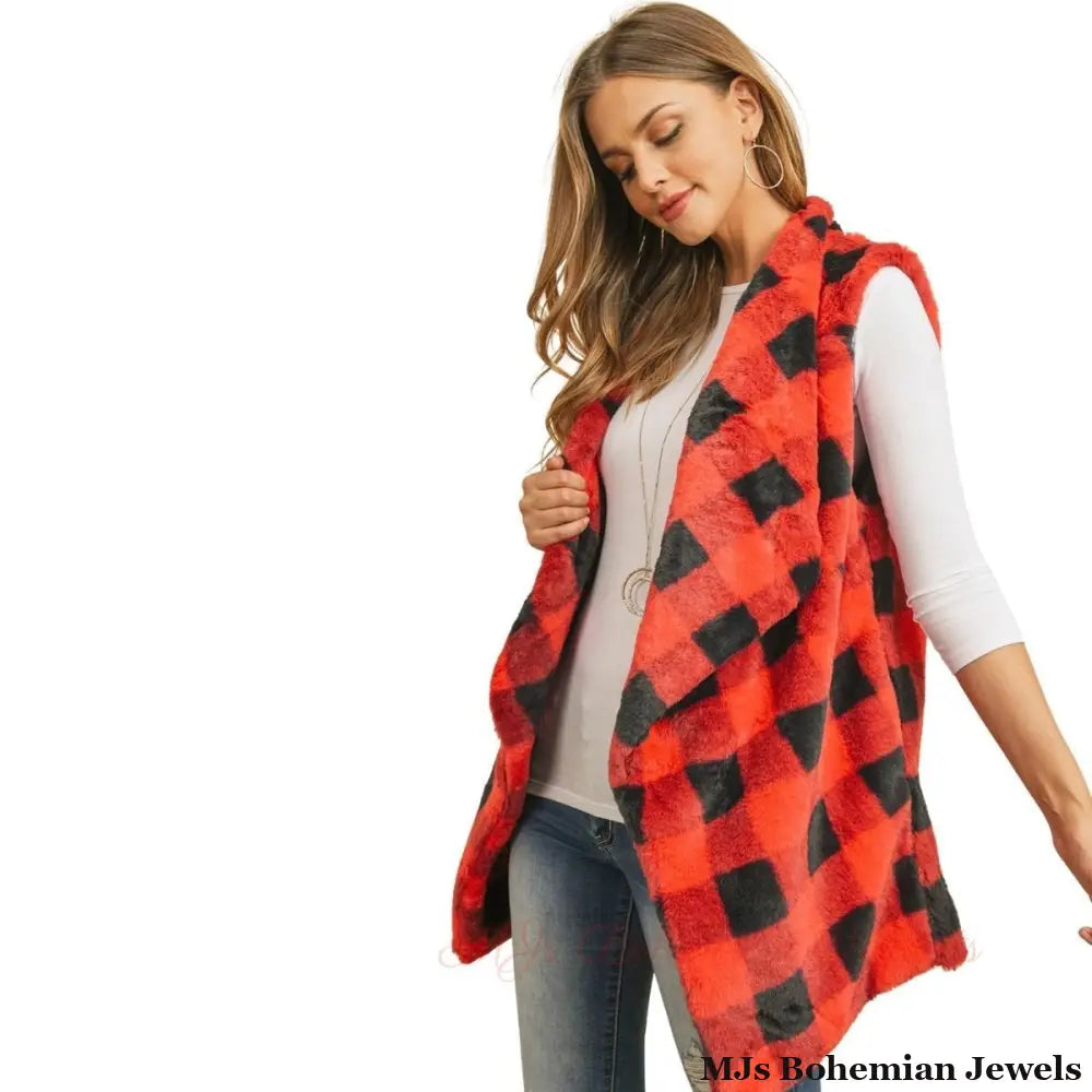 Red Buffalo Plaid Faux Fur Vest