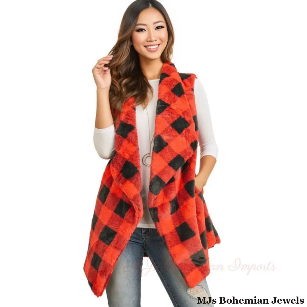 Red Buffalo Plaid Faux Fur Vest