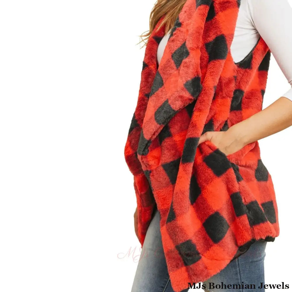 Red Buffalo Plaid Faux Fur Vest