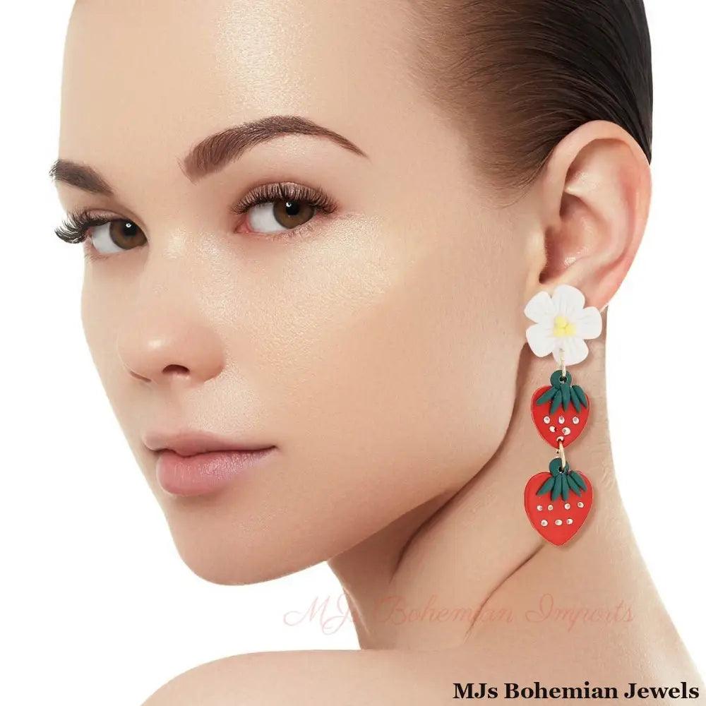 Red Clay Strawberry Dangle Earrings