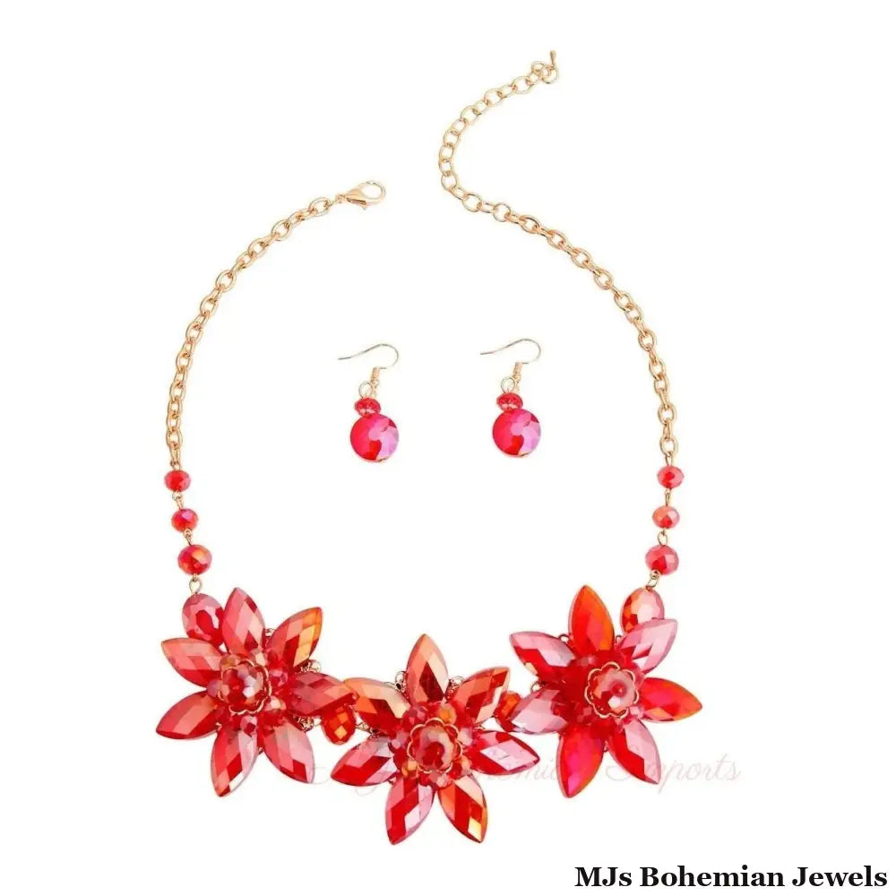 Red Crystal Flower Collar Set