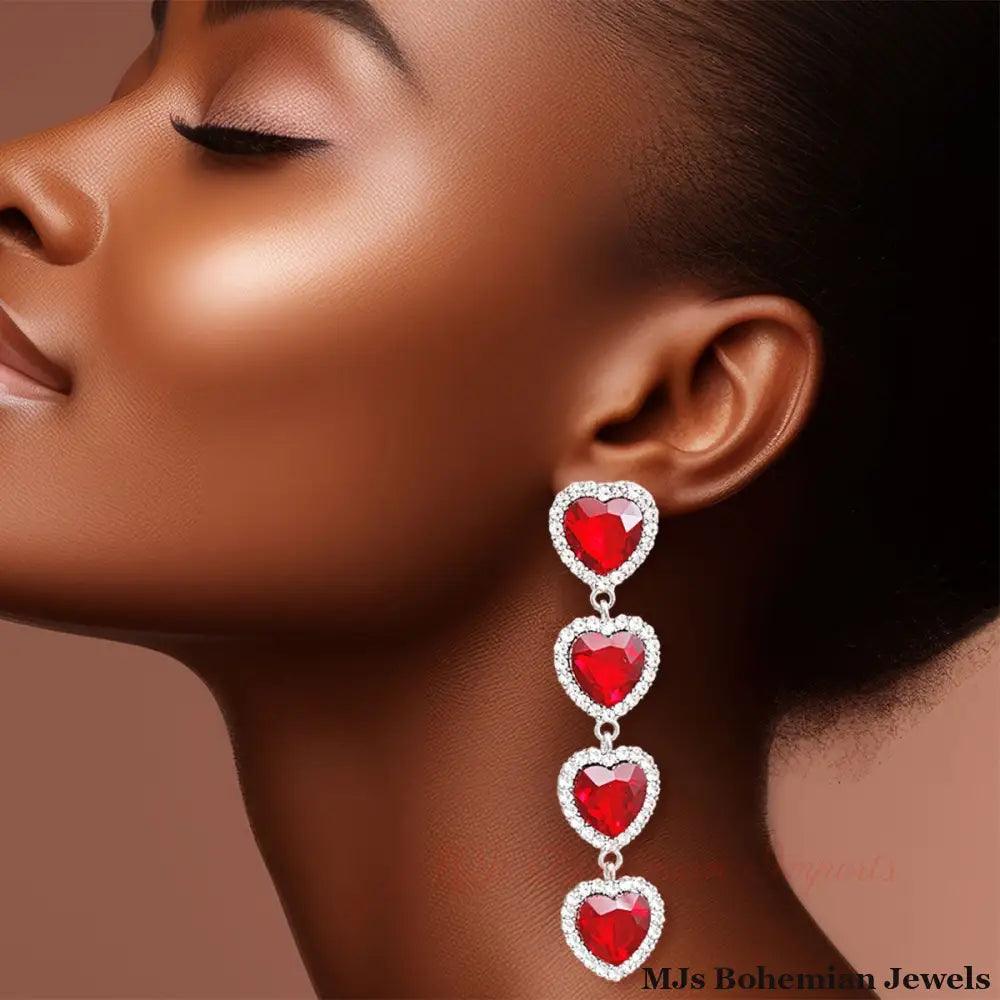 Red Crystal Quad Heart Earrings
