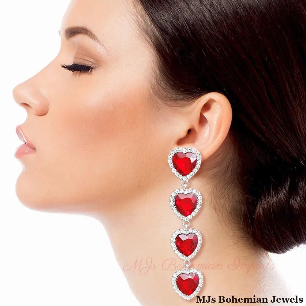Red Crystal Quad Heart Earrings