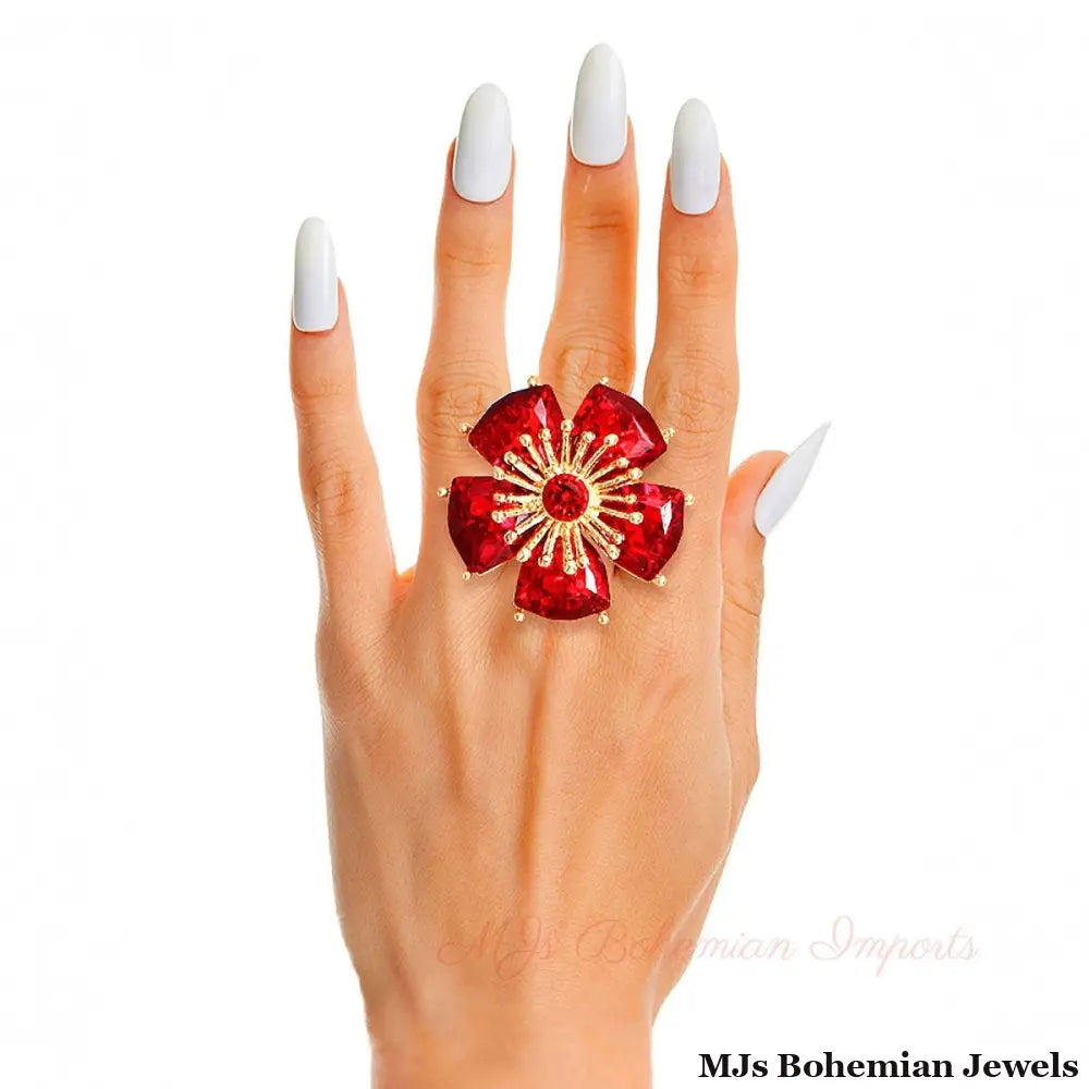 Red Daisy Crystal Ring