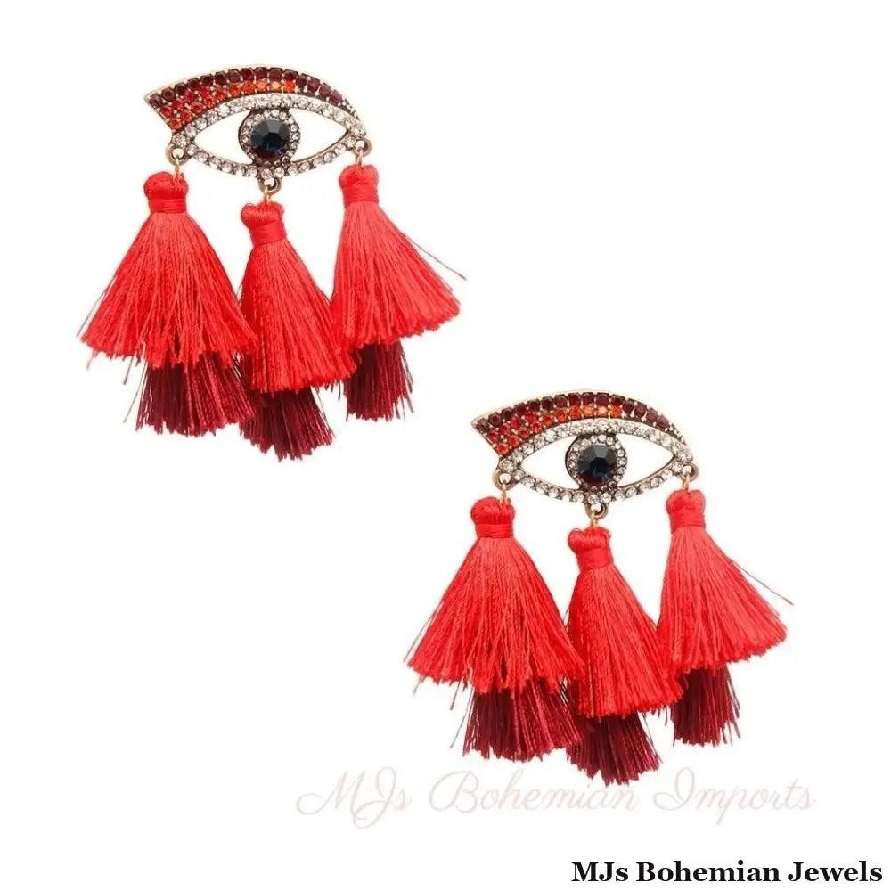 Red Evil Eye Tassel Earrings