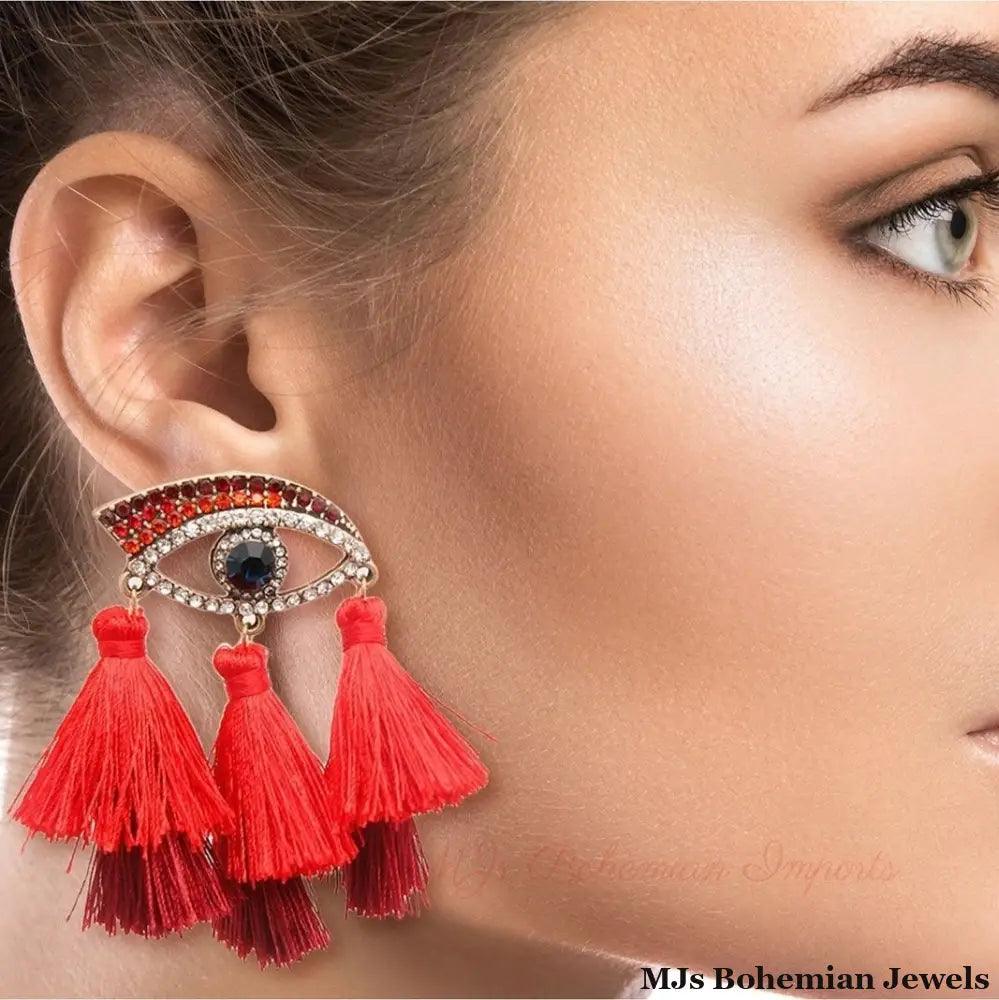 Red Evil Eye Tassel Earrings
