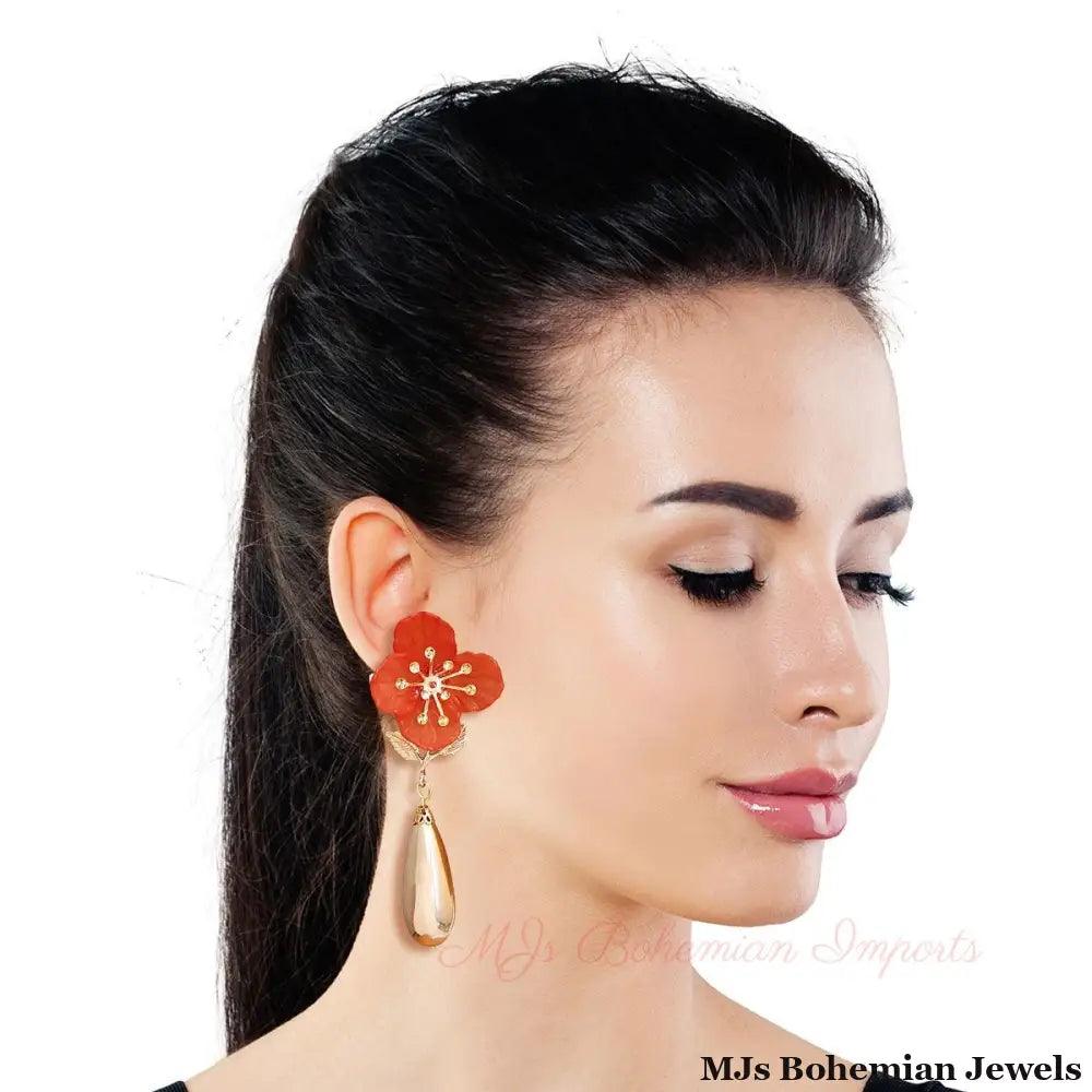 Red Flower Gold Teardrop Earrings