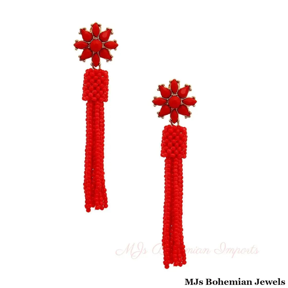 Red Flower Seed Bead Earrings