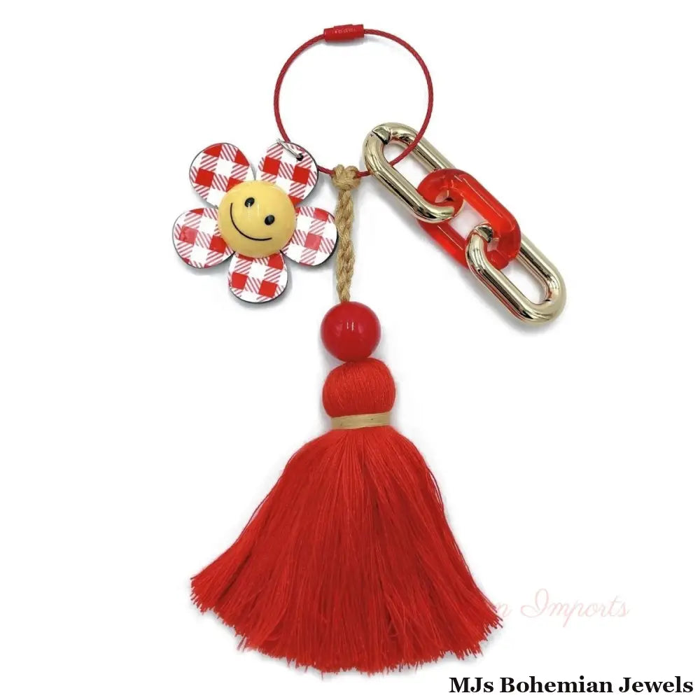 Red Gingham Flower Keychain Bag Charm