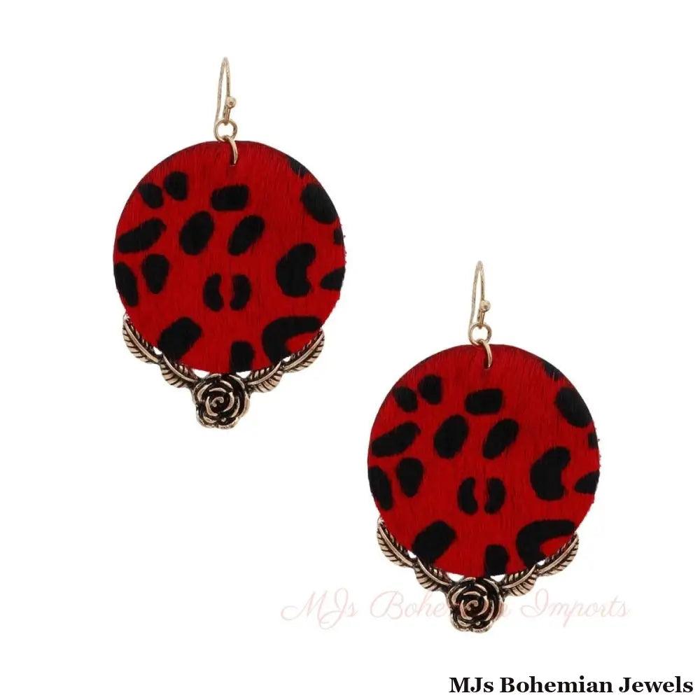 Red Leather Animal Print Circle Earrings