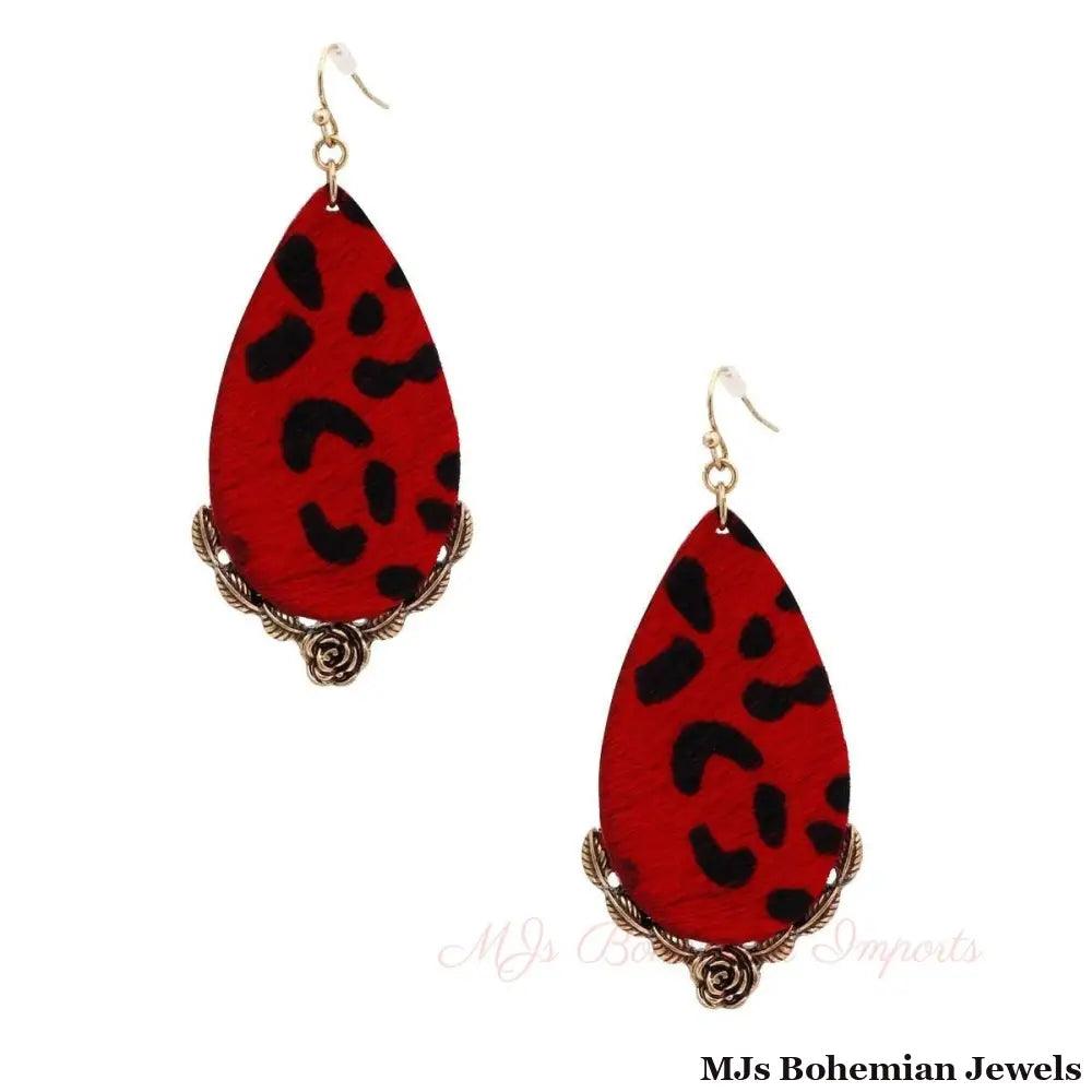 Red Leather Animal Print Teardrop Earrings