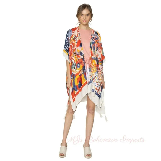 Red Mixed Pattern Tassel Kimono