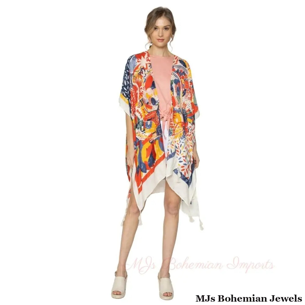 Red Mixed Pattern Tassel Kimono