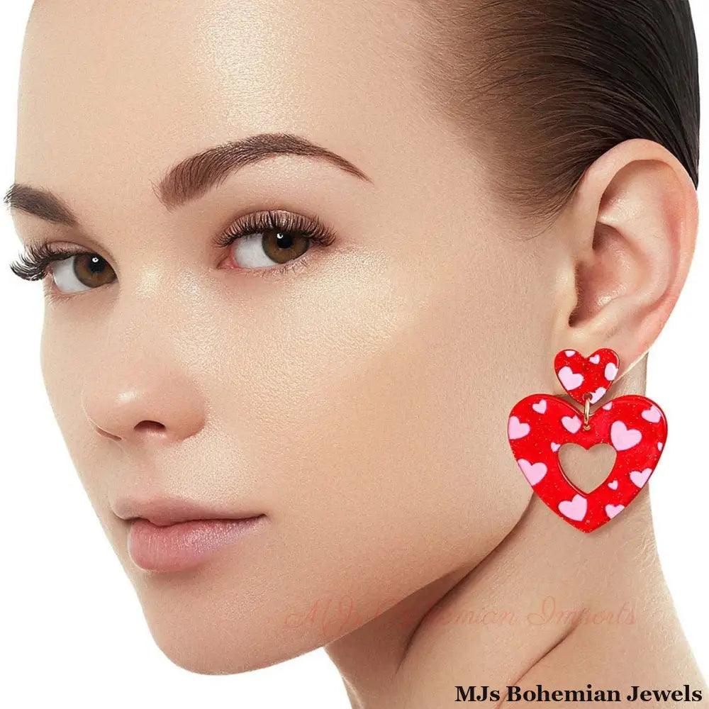 Red Pink Glitter Heart Earrings