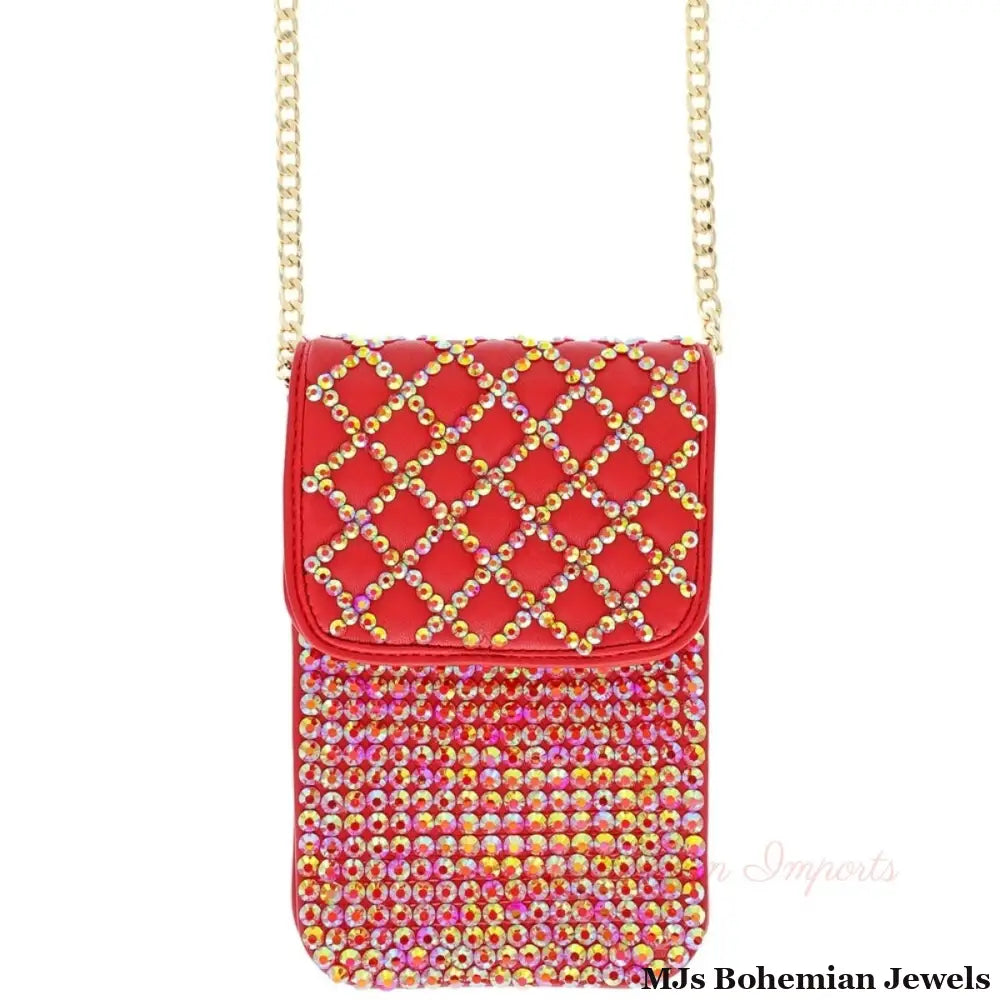 Red Quilted Rhinestone Cellphone Bag