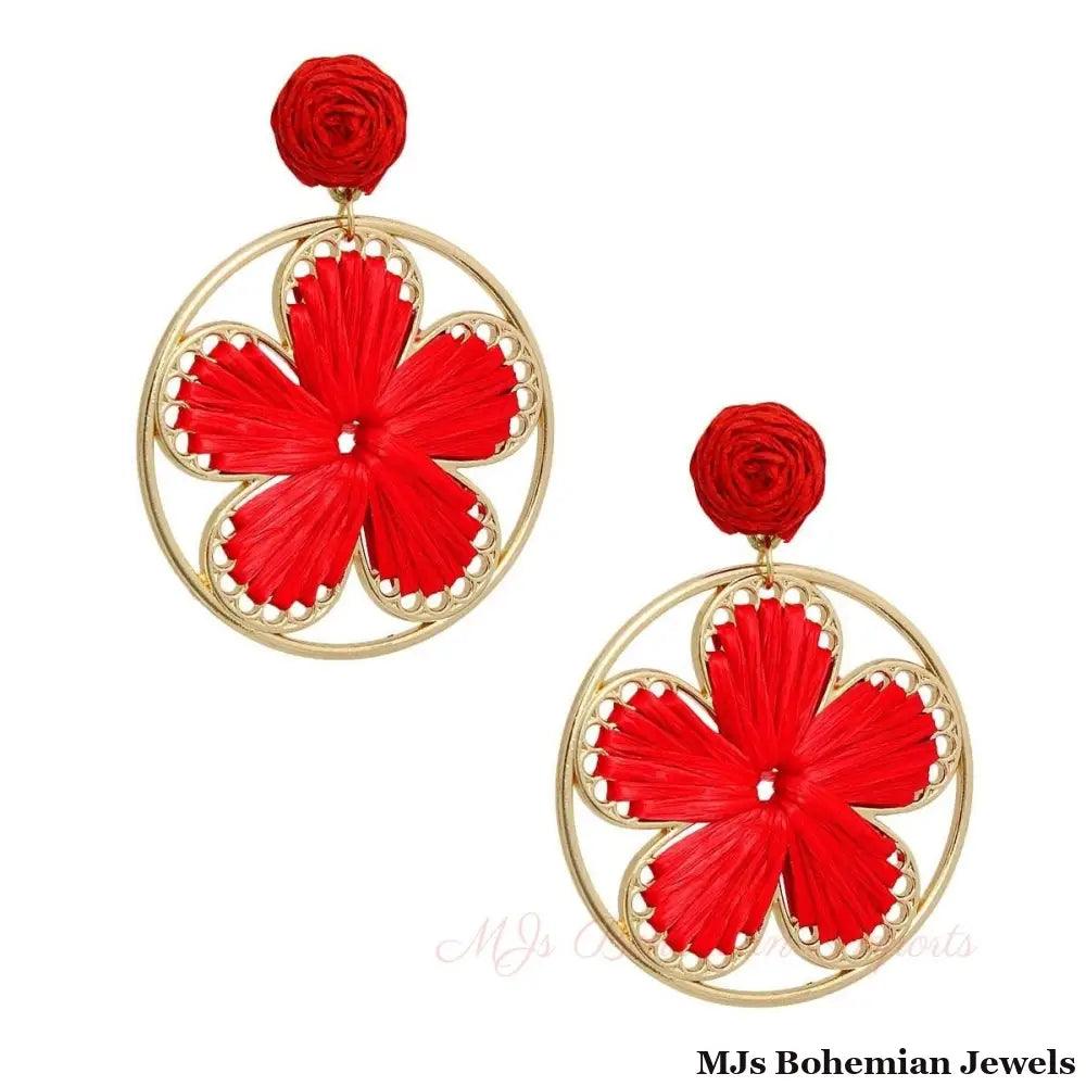 Red Raffia Flower Round Earrings