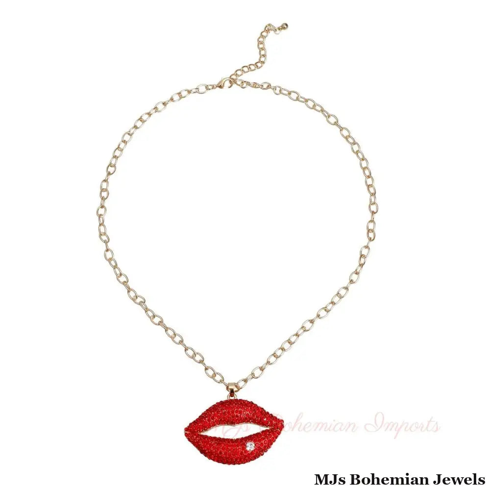 Red Rhinestone Lips Gold Chain