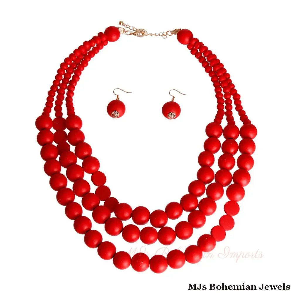 Red Round Wood Bead 3 Strand Necklace